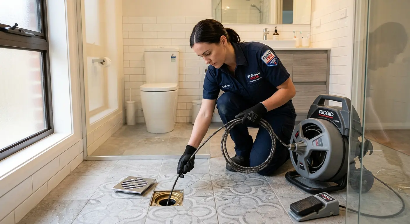 Technician clearing a bathroom floor drain for Hydro Jetting in Wilson